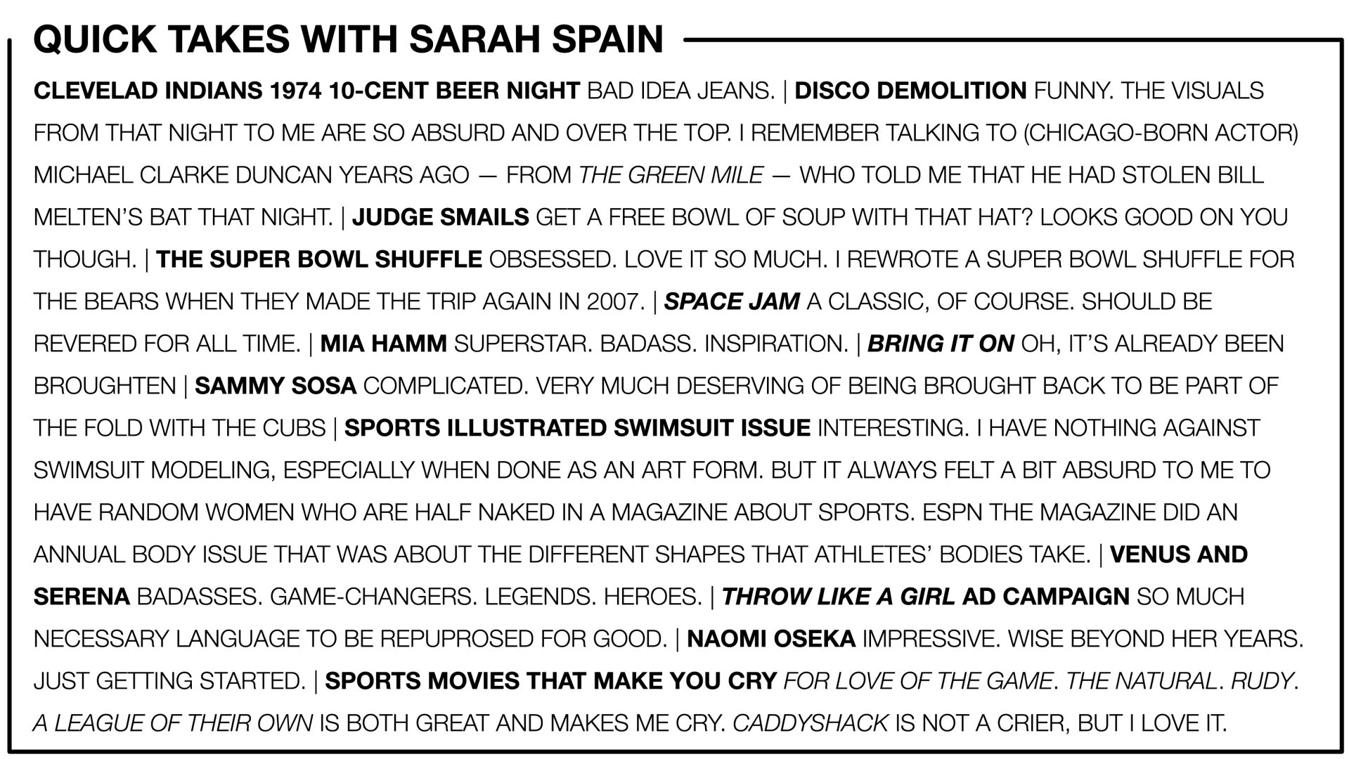 Quick takes with Sarah Spain
